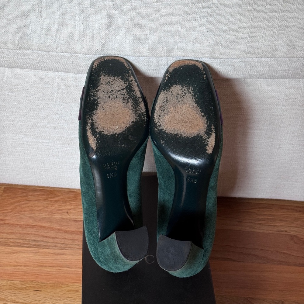 GUCCI Green Suede Vintage Web‎ Horsebit Pumps Size 9 1/2 - Picture 5 of 6